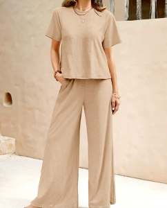 Elegant Casual Chic Two-Piece Set with Round Neck Top and Wide-Leg Pants BB