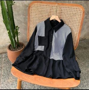 kemeja wanita MUANA katun salur kombinasi crinkle air flow premium LD 100CM muat sampai BB 40-60KG baju murah untuk Remaja Dewasa Fashion terbaru terlaris populer keren kekinian modis hit dan viral 2024