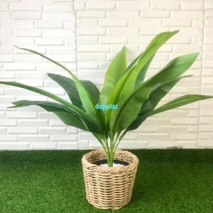 Pohon Artificial Tanaman Hias Daun Kunyit X12 Latex Cover Pot Anyaman Rotan Dekorasi Ruang Tamu Aesthetic