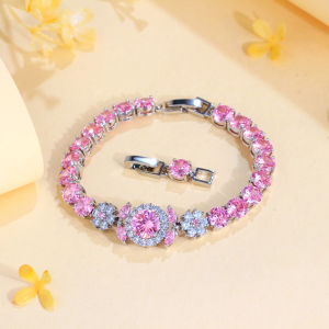 SEQUITO Fashion Brides Jewelry Inlay Purple Pink AAAAA Cubic Zirconia Flower Pendant Bracelet Anniversary Gift B380