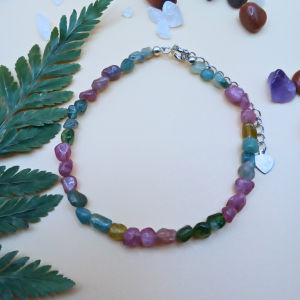 Stylish Watermelon Tourmaline Chip Stone Bracelet in Silver - 19CM