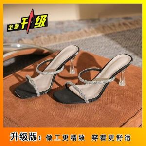 [Free Shipping] Thin-Heeled Transparent Strap High-Heeled Mules For Women New Summer Style Rhinestone High-Heeled Slippers