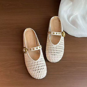 Womens French Hollow Out Woven Slip-On Summer Mules with Straight Strap Round Toe Soft Sole Flat Shoe Solid Color Simple Design for Mothers
