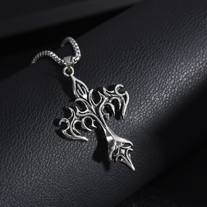 Fashion Vintage Flame Cross Pendant Necklace For Women Men Long