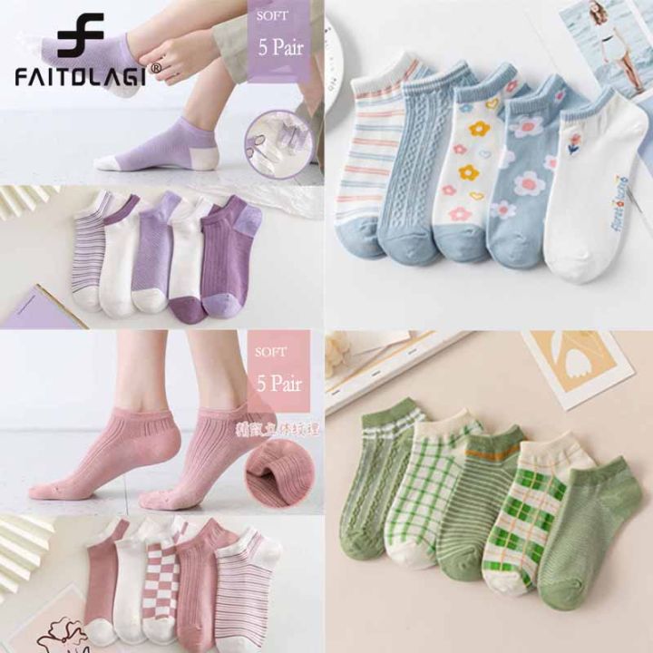 5 Pairs/lot Women Summer Ankle Socks Cute Flower Print Boat Short Sox Casual Ladies Breathable