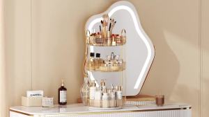 360 ° Rotating Makeup Organizer Upgraded 2 Tier Skincare Perfume Organizers for Women Bathroom Organizer Countertop Clear Cosmetic Dresser Organizer with Makeup Brush Holder Sink&Counte (Clear)