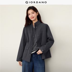 GIORDANO Women Jackets 100% Cotton Mid Length Cargo Jackets Stand Collar Snap Buttons Fashionable Casual Loose Jackets 13376786