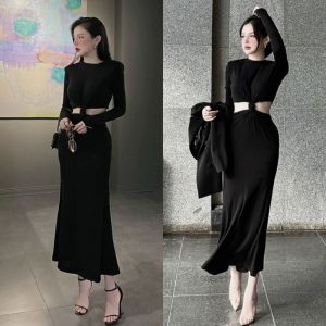 ĐẦM ĐEN MIDI DÀI SUÔNG TRƠN ÔM BODY KHOÉT EO LOE LỬNG THUN GÂN TAY DÀI ĐI TIỆC ĐI CHƠI DẠO PHỐ