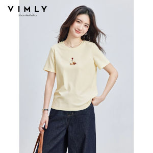 VIMLY Minimalist Cartoon Embroidered Tops for Women 2026 Summer New Versatile Casual Round Neck Cotton Short Sleeve Tee A66252026