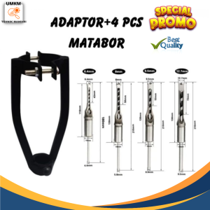 Adaptor dan mata bor lengkap 4 Pcs 6mm 8 mm 10 mm 12 mm alat bobok kayu
