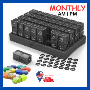 READY STOCK aCurio 30 Day Monthly Pill Box Organizer Am Pm Twice a Day Pill Storage Case Portable One Month Pill Cases Bekas Penyimpan Ubat Pil 药盒