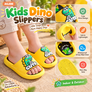 AILEBE Kids Slippers Tsinelas Bata Cute Cartoon Dinosaur Design Soft PVC Lightweight Waterproof Easy Wipe Clean Non-Slip Anti-Skid Textured Sole Soft Edges Indoor Outdoor On For Boys Girls Toddler 2-12+ Years