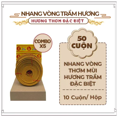 Nhang Vòng Trầm Hương Đặc Biệt Hộp Vàng Thơm 24 Giờ - Combo 5 Hộp Mỗi Hộp 10 Cuộn - Tặng Kèm Cây Treo