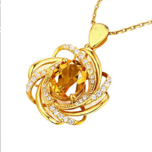 JJT Elegant Floral Pendant Necklace with Citrine and Sparkling Stones Fashionable Geometric Design for Women