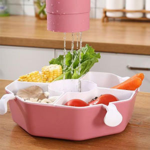 กะละมังล้างผักแบบหมุนได้ ตะกร้าผัก 2in1 แยกส่วน 5 ชิ้น ล้างผลไม้ล้างผักพร้อมตะกร้า ตั้งบนโต๊ะห้องครัวห้องนั่งเล่น กะละมังล้างของ 2 ชั้น