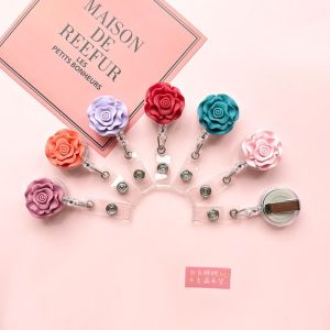WENQI Rose Flower Retractable Hospital Employee Lanyard Badge Name Tag Badge Reels Badge Holder Easy Pull Buckle Reel Clip Chest Pocket Clip