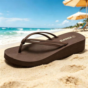 [Free Shipping] Womens Summer Simple Fashion Outdoor Non-Slip Wedge Heel Flip-Flops Mid-Heel Beach Vacation Trendy Shoes