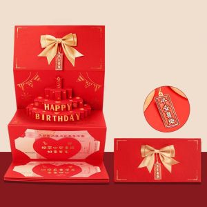 SUDMFK 红包袋 red packet 6/8/10 Slots 3D Birthday Cake Card Chinese Style Best Wishes Folding Packets Creative Money Bag Birthday Party Gift