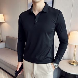 Polo longsleeve pria dewasa kaos polo lengan panjang elastis kasual slimfit hitam polos