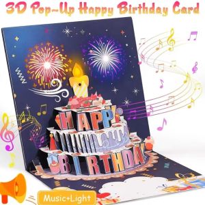 SDFBN Blowable Led Candle Happy Birthday Card Effect Musical and Light Birthday Cake Postcards Beautiful Hollow Paper Carving Luxurious Foil Stamping Cards Mom