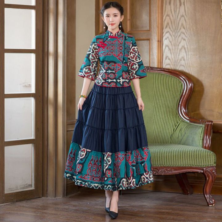 Camile mùa hè của phụ nữ phong cách Trung Quốc cổ điển cotton hàng đầu váy dây Sub Set truyền thống tang sườn xám Áo sơ mi hàng đầu