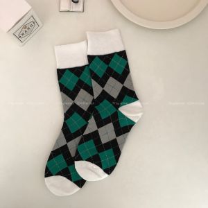 RA Dark Green Rhombus Socks Stitching Medium Tube Socks Retro Student Casual Sports Couple Socks Korean Fashion AR