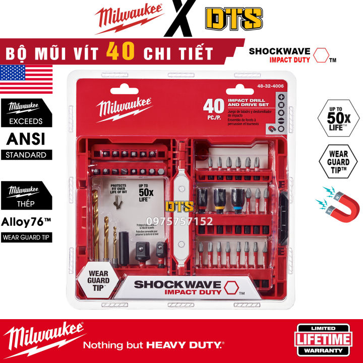 Bộ mũi vít đa năng 40 chi tiết SHOCKWAVE hãng Milwaukee | Bộ bắt vít, mũi khoan và đầu bắn tôn chuôi lục giác 6.35mm cho máy khoan bắt vít pin, mũi bắt vít 2 đầu 4 cạnh bake nam châm từ siêu cứng chống gỉ, chống tòe