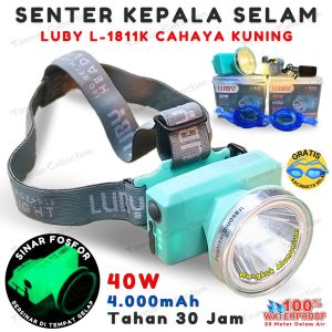Senter Kepala Selam Tahan Lama 30 Jam Body FOSFOR Luby L-1811L 40W Super Terang Cahaya Putih / Kuning L-1811K | Headlamp Diving 40 Watt Baterai 4.000mAh Tahan 30 Jam- Senter Menyelam Cari Ikan Bonus Kacamata Renang Senter Kepala 2 Warna | Bisa Cod | TC