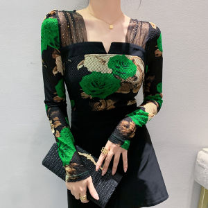 Yimei in thời trang Áo Thun cơ bản cho phụ nữ trong mùa xuân và mùa thu với một cảm giác thiết kế của Rhinestone Áo lưới phong cách và giảm béo Dài tay vuông cổ T-Shirt hợp thời trang