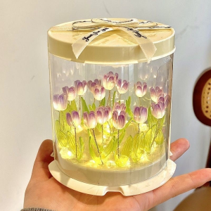 KEBIDU Creative DIY Tulip Flower Cake Cube Lamp Handmade Craft Night Light Simulation Flower Bedroom Sleeping Table Lamp For Birthday Gift