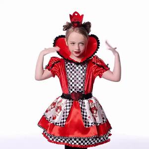 Halloween Alice In Wonderland Queen Of Hearts Cosplay Dress Kids Girls Stage Drama Poker Print Dress Carnival Costume