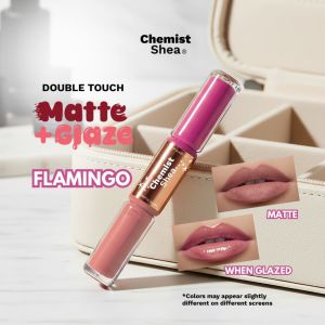 CHEMIST SHEA Double Touch Matte + Glaze (2 x 3.5g) by Mixtrue Beauty Two-in-one lip product with matte and glaze finishes. Displayed on a makeup case with lip swatches. FDA approved.