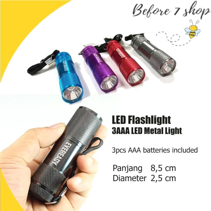 Senter LED EVEREADY Mini Portable Flashlight 3AAA Metal Light