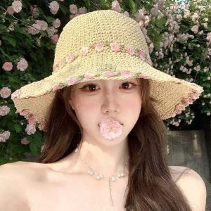 MYCOLOR Sunscreen Beachside Sun Hat Wide Brim Fishing Cap Flower Lafite Straw Hat Fashion Weave Summer Beach Hat Climbing