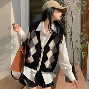 Áo Gile Len Dệt Kim Họa Tiết Hình Thoi Vintage Áo Len Không Tay Dáng Xuông Cá Tính Thời Trang Thu Đông - Mã TA039