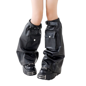 Gothic Punk Black Leg Warmers with Flap Pocket Harajuku Faux Leather Leg Covers Baggy Loose Flared Long Socks for Women