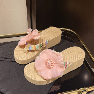[Free Shipping] New Niche Wedge Heel Flip Flops For Women Summer Fashion Straw Flower Thick-Soled Vacation Beach Shoes