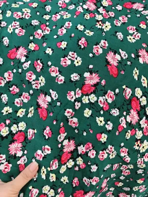 Vải tole/ vải lanh họa tiết hoa hồng nền màu xanh rêu
