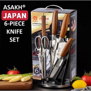 [SG STOCK] ASAKH Japan 6pc Stainless Steel Kitchen Knife Gift Set with Rotating Stand