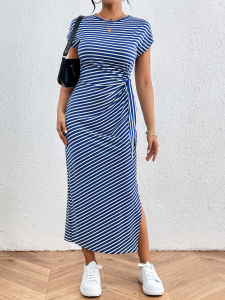 Independent Research and Development of European and American Foreign Trade New Elegant Stripes Slim Fit Waist-Controlled Slimming Slit Dress Long Dress Female ㏇L0514