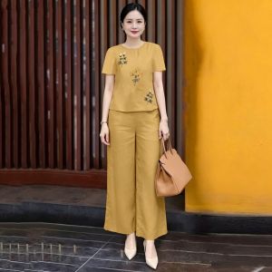 Womens Casual Simple Suit Round Neck Embroidered Short-Sleeve Top And Pants Two-Piece Set L2660