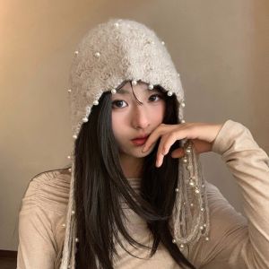 NOBLELYN Pearl Tassel Knitted Pullover Hat Hollow Out Winter Warm Fringed Beanie Cap Retro Stretchable Pendant Headband Hat for Women