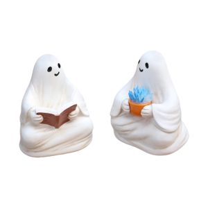YOUSHI TOP 2pcs Resin Halloween Ghost Ornaments Cute Cartoon Reading Ghost Statue Funny Waterproof Sitting Figure Cabinet