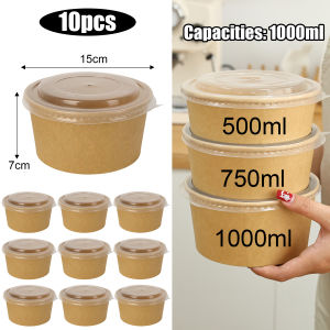 10Pcs Kraft Paper Bowl Round Lunch Box Fruit Salad Bowl Food Container Disposable Meal Prep Bowl Takeaway Bento Box for Party Camping