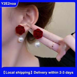 【Local shipping】 Wine Red Rose Flower Earrings Retro Wedding Ear Studs Chinese New Year Jewelry Earring