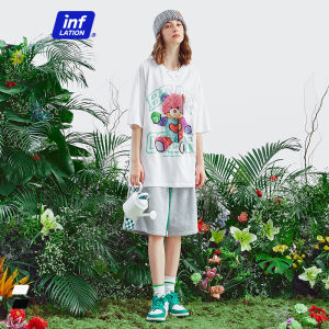 INFLATION brand 2024 spring new product cute tide brand rainbow plush bear loose cartoon short-sleeved t-shirt for boys girls couples