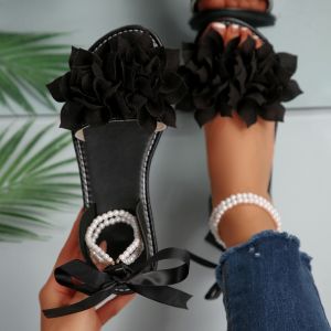 [Free Shipping] Plus-Size 2025 Summer New Fashion Shoes Flat Floral Beaded Sandals Roman Shoes Beach Shoes WomenS Shoes