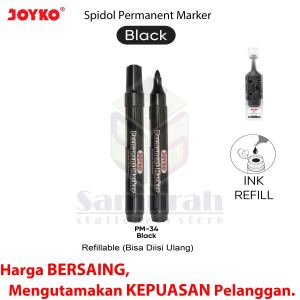 Spidol Permanent Marker Joyko PM 34 Hitam / Pm 35 Biru / PM 36 Merah Bisa Refill isi Ulang - Per Lusin