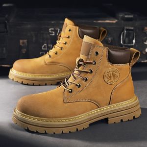 Mens Mortin boots 2025 new style high-top British style work boots thick sole non-slip wear-resistant bright yellow boots mens shoes.