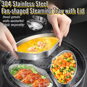304 Stainless Steel Fan-shaped Steaming Tray with Lid Egg Steamer Rice Cooker Box Food Cooking Gird Instant Pot Accessories for Veggie Fish Seafood Cooking Tray 304不锈钢扇形带盖蒸盘